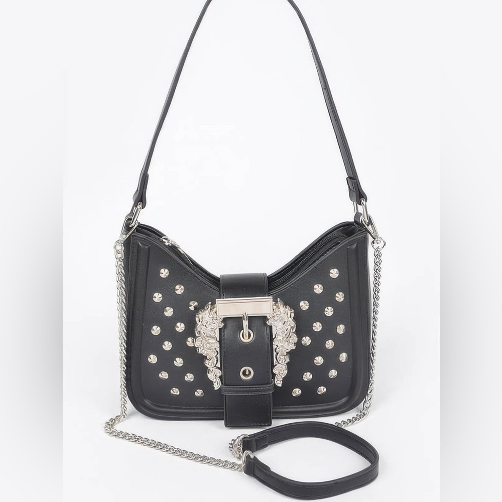 Faux Leather Studded Metal Buckle Shoulder Bag
